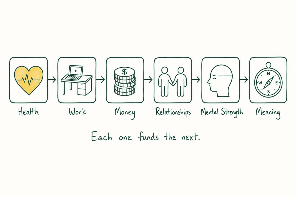 The six areas of the Full Life Framework drawn as a left-to-right chain: Health funds Work, which funds Money, which funds Relationships, which funds Mental Strength, which funds Meaning. Each one funds the next.