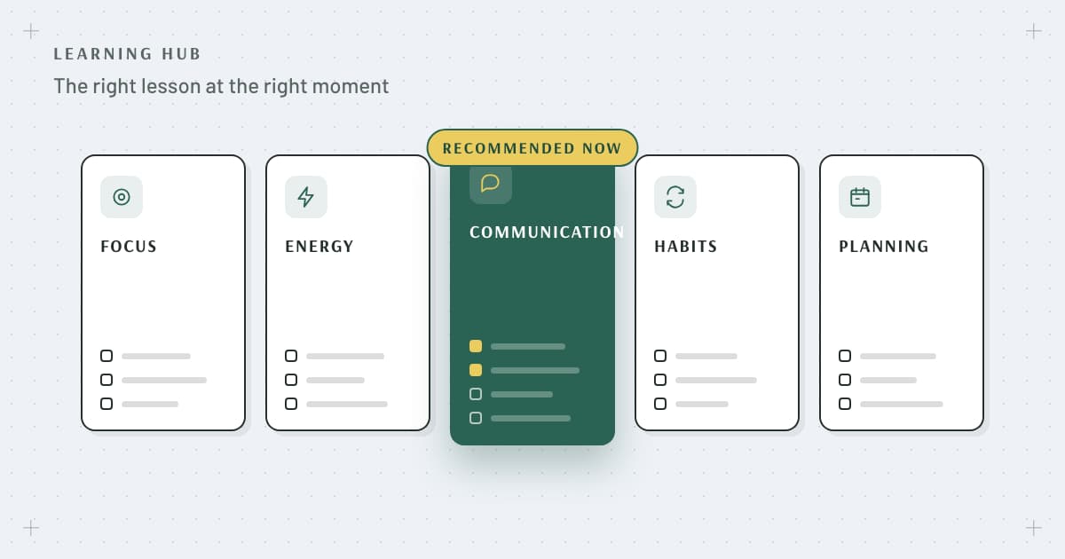 LifeHack Learning Hub library: curated lesson modules with one highlighted