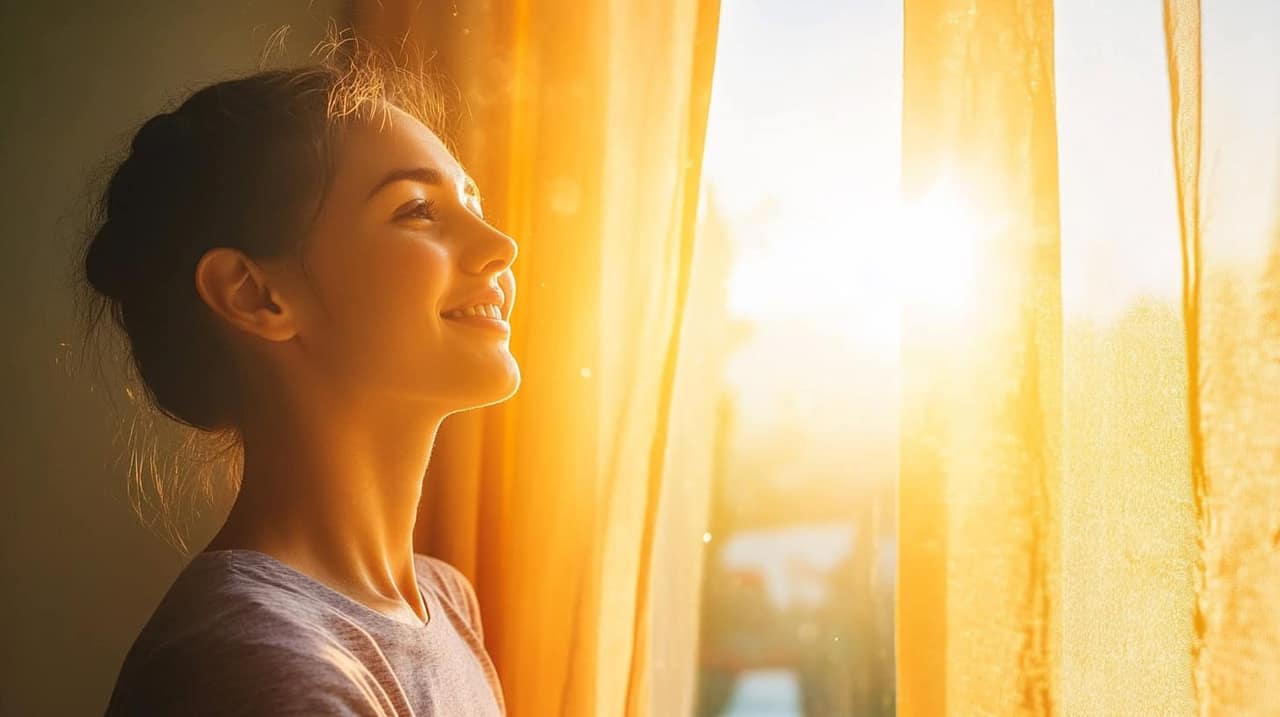 A person opening curtains, letting bright sunlight flood a dim room.